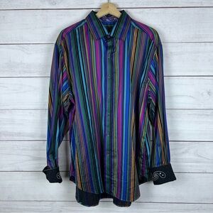 Robert Graham Mens XL Striped Button Up Shirt Multicolor Embroidered Flip Cuff